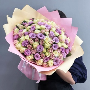 Букет из 101 розы пастельный микс и роз Меритим (40 см) в Пересвете