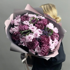 Букет "Виолетта" из хризантем Бигоуди, лимониума, брассики и кустовых хризантем в Пересвете